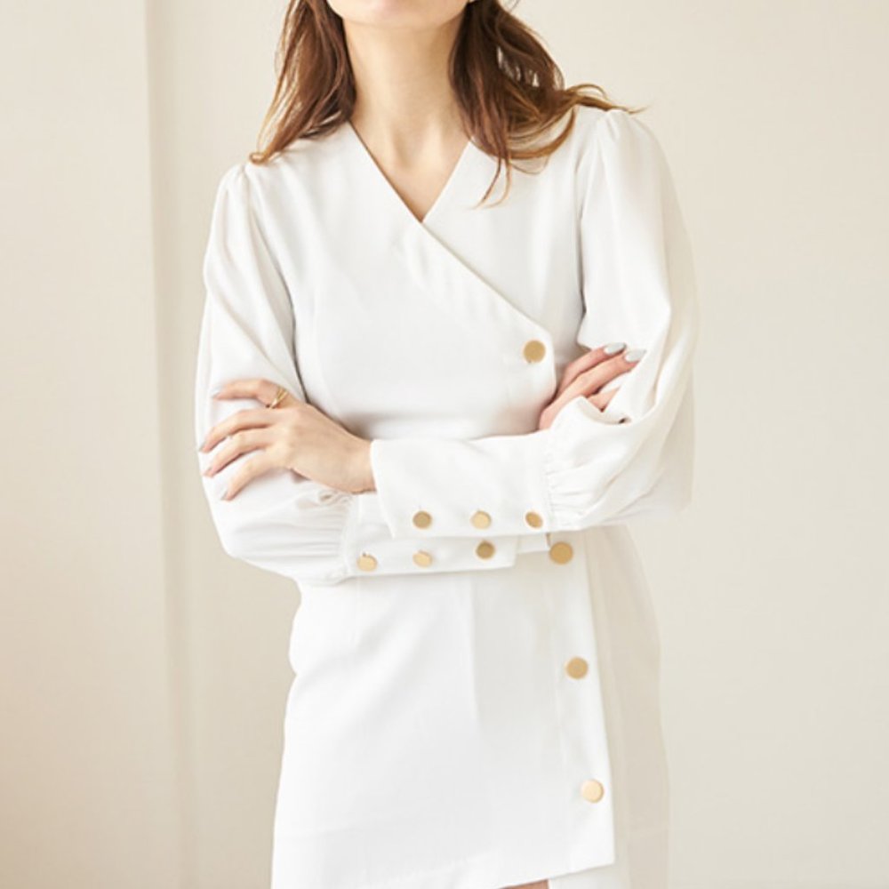 Elegant White Mini Wrap Dress with Gold Buttons